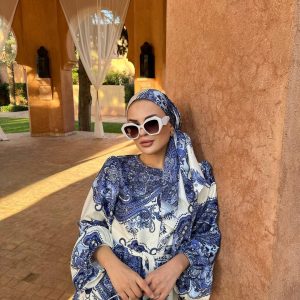 Turkish dress in blue and white with hijab