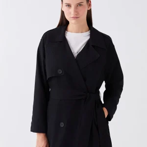 LCWAIKIKI Classic New Black Jacket Collar Plain Long Sleeve Women's Trench Coat
