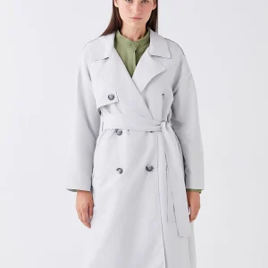 LCWAIKIKI Classic Light Gray Jacket Collar Plain Long Sleeve Women's Trench Coat